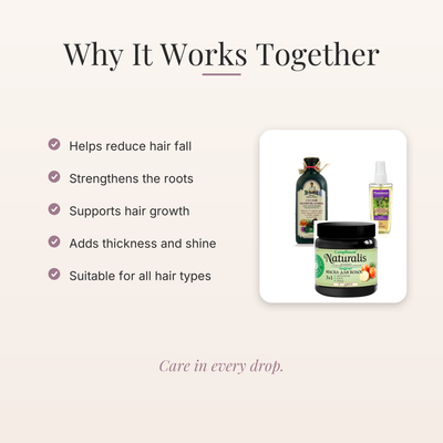 Why it works together: helps reduce hair fall, strengthens roots, supports growth, adds thickness and shine, suitable for all hair types
