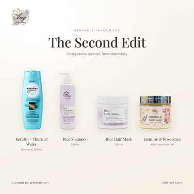 Meryam's Favourites, the second edit. All four products: Keratin plus Thermal Water Shampoo, Rice Shampoo, Rice Hair Mask and Jasmine and Rose Soap