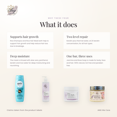What the four products do: supports hair growth, two level repair, deep moisture, one bar for body face and hair