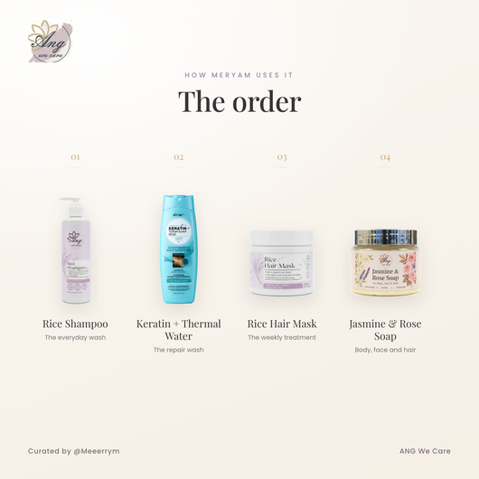 The order Meryam uses the four products in: everyday wash, repair wash, weekly treatment, then body face and hair