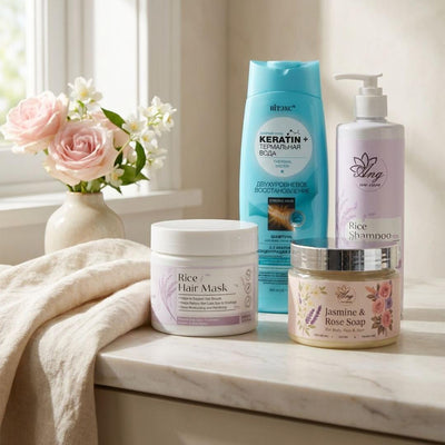 The four products styled on a marble bathroom counter in morning light