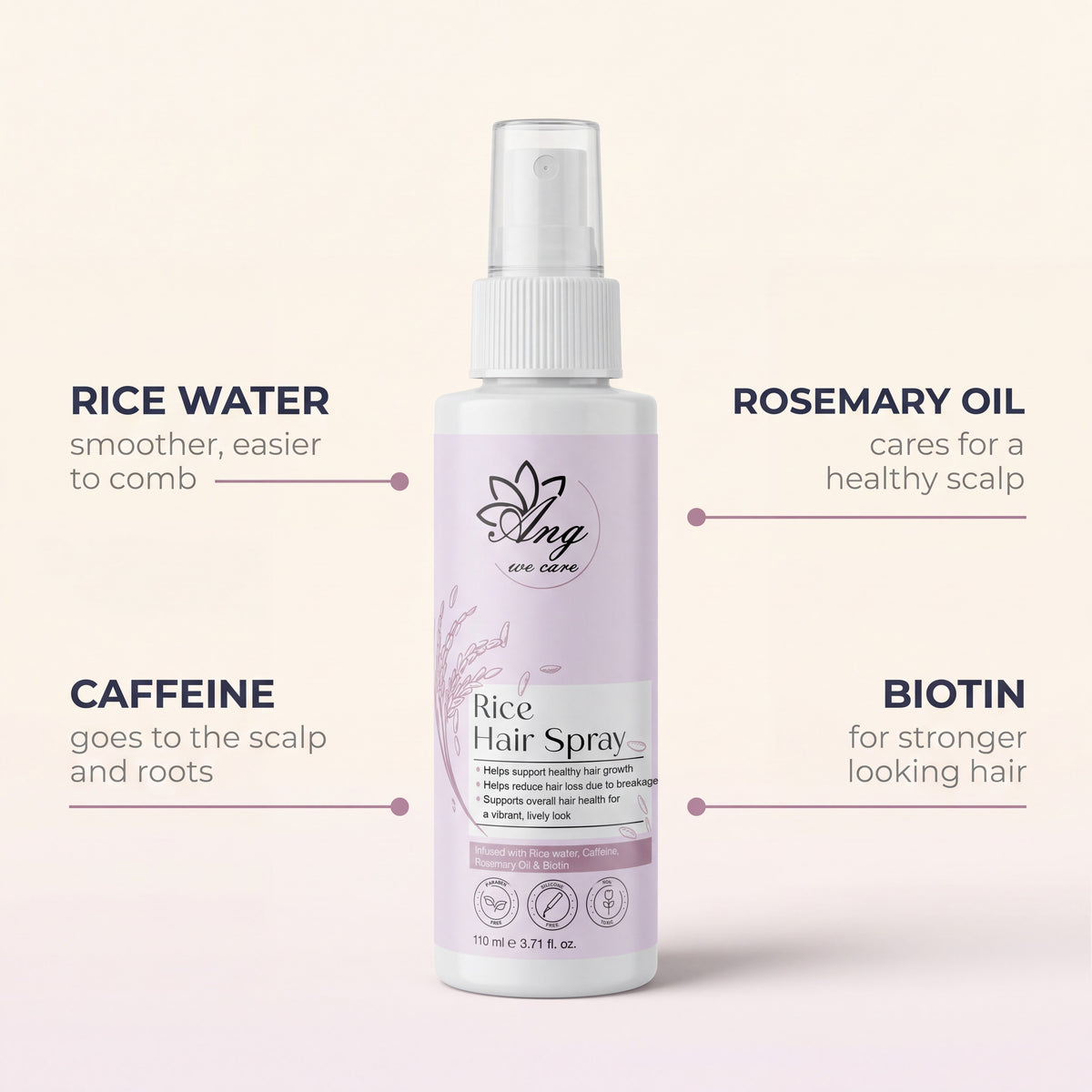 Rice Hair Spray ingredients: rice water, caffeine, rosemary oil, biotin