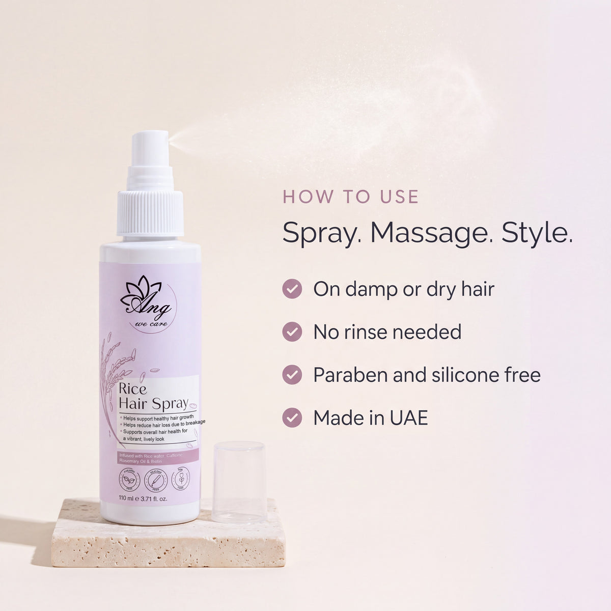 How to use Rice Hair Spray: spray, massage, style
