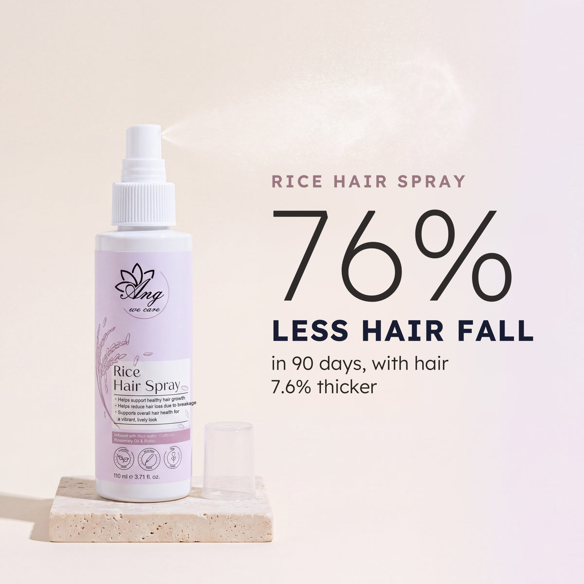 Rice Hair Spray: 76% less hair fall in 90 days, hair 7.6% thicker