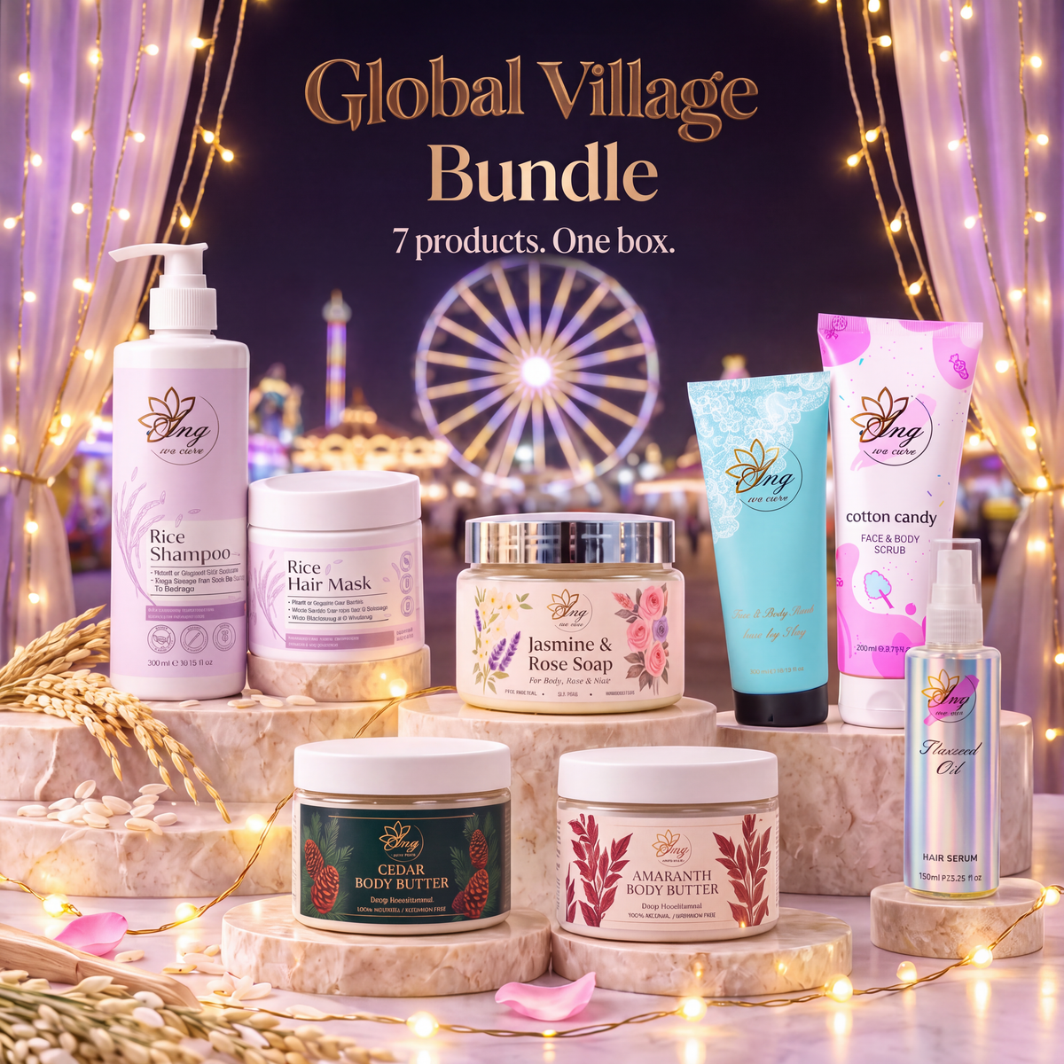 ANG Global Village Bundle, 7 products on marble podiums at Global Village