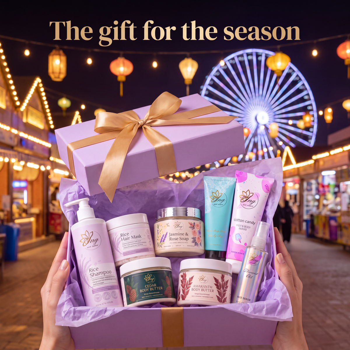 ANG Global Village Bundle in an open lavender gift box