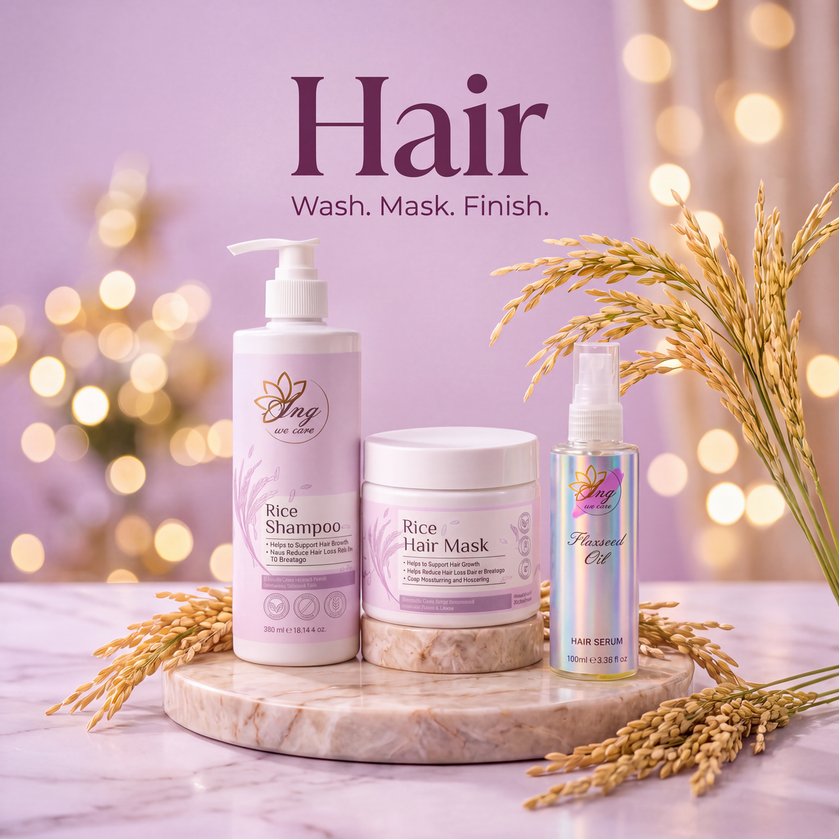 ANG Rice Shampoo, Rice Hair Mask and Flaxseed Oil Hair Serum